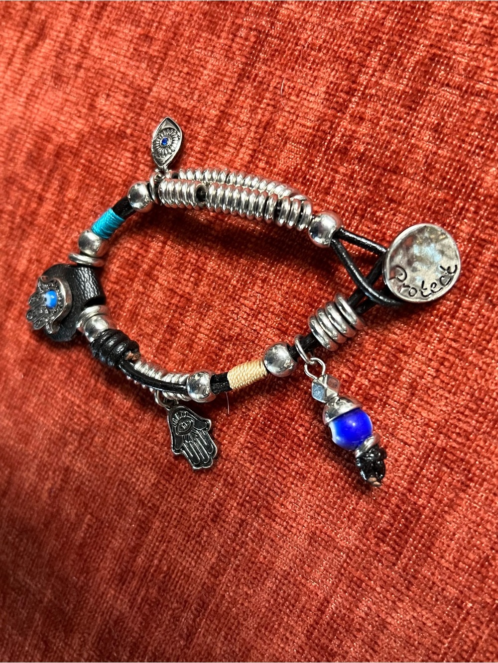 Boho Silver Charm Bracelet with Evil Eye and Hamsa 🪬